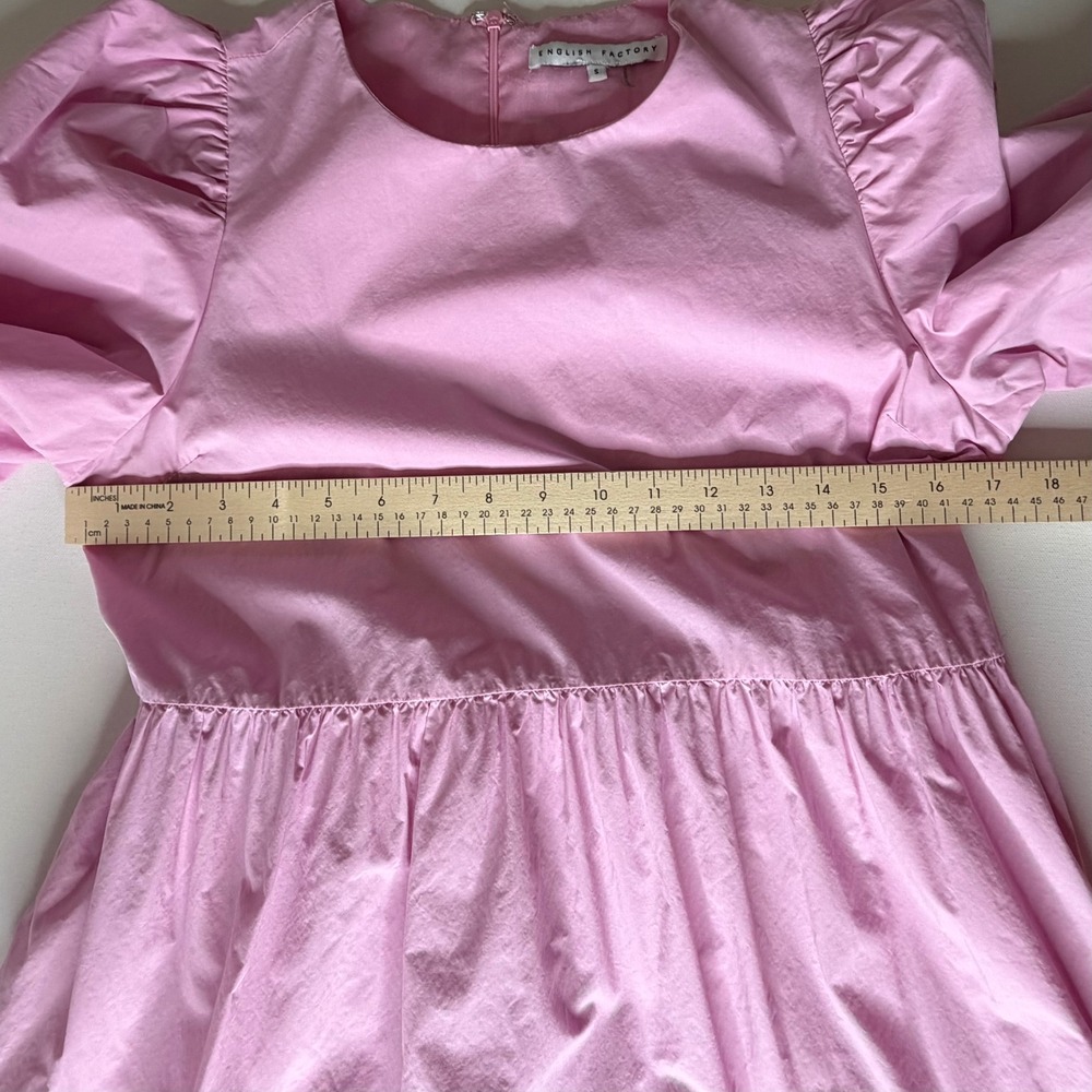 English Factory Pink Scalloped Tiered Mini Dress Small Puff Sleeve Preppy Cotton - Picture 11 of 12